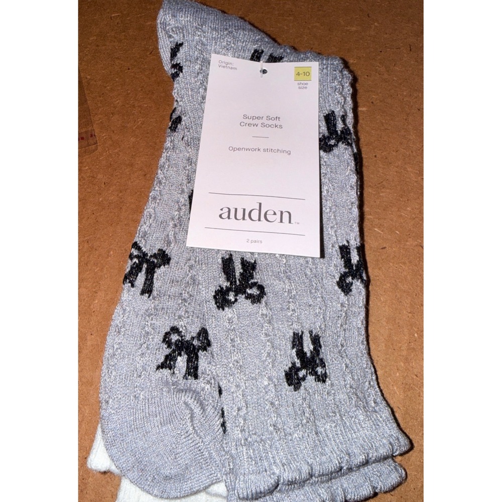 Auden Super Soft Crew Socks Women 4-10 New 2pk Grey Bows White Openwork